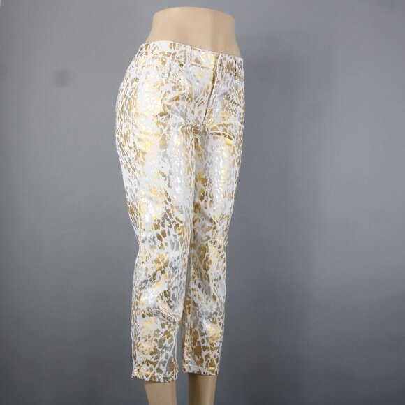 Chicos Platinum Denim Sz 0.5 x 24 White Gold Silver Animal Print Cotton Jeans - Picture 6 of 14
